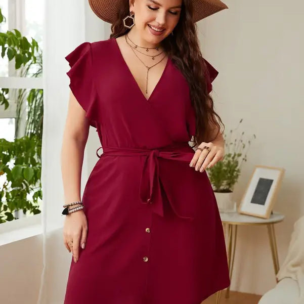 Burgundy butterfly sleeve dress with flutter sleeves and ruffle details for summer wear