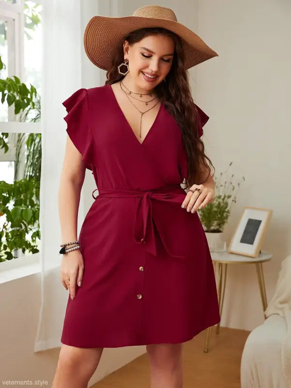 Burgundy butterfly sleeve dress with flutter sleeves and ruffle details for summer wear