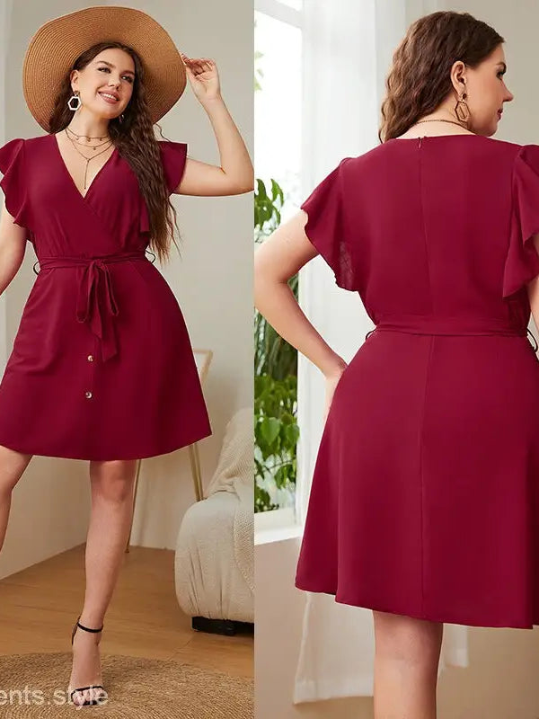 Burgundy butterfly sleeve dress with ruffle details and tie waist for summer elegance