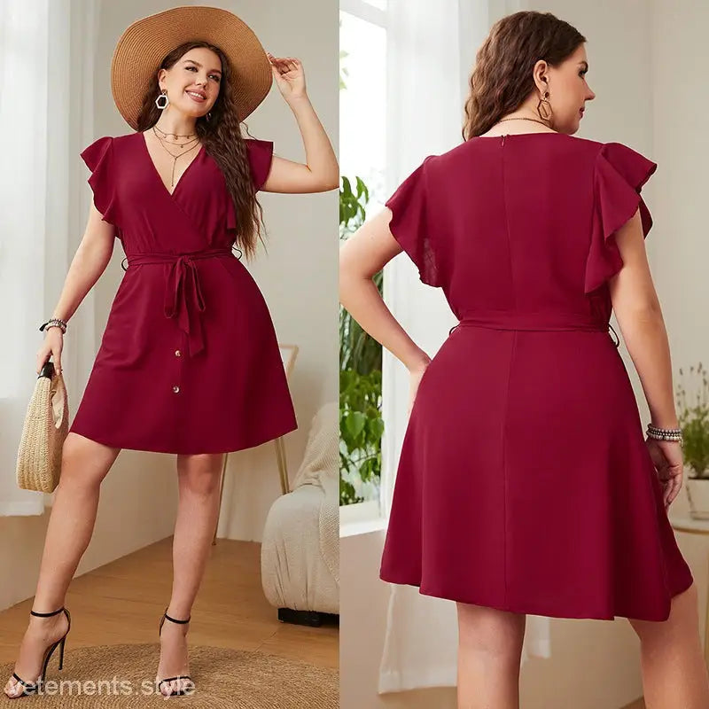 Burgundy butterfly sleeve dress with ruffle details and tie waist for summer elegance