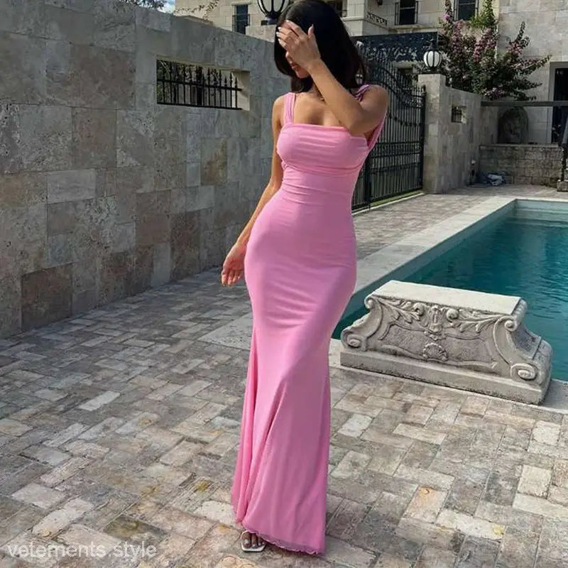 Pink elegant cami dress, sexy backless evening maxi dress for formal occasions