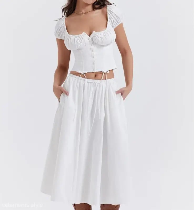 White peasant-style casual skirt set with puff sleeves, ideal for casual beach outfits