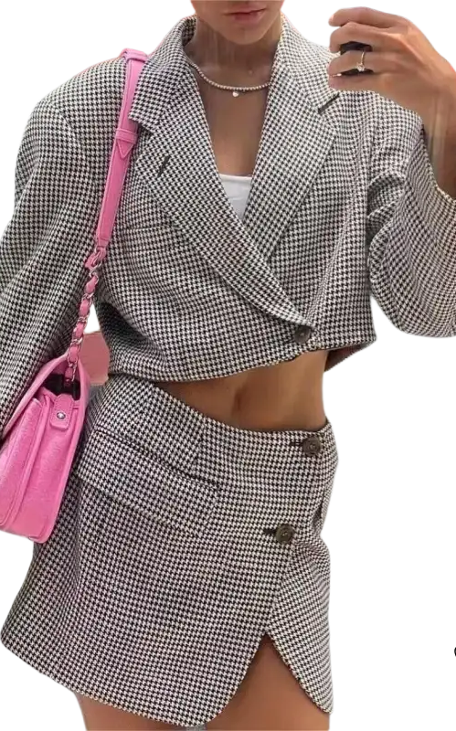 Elegant Casual Small Plaid Blazer and Skirt Set in Houndstooth for Spring and Fall Wear