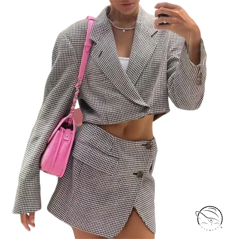 Houndstooth cropped casual small plaid blazer and skirt set