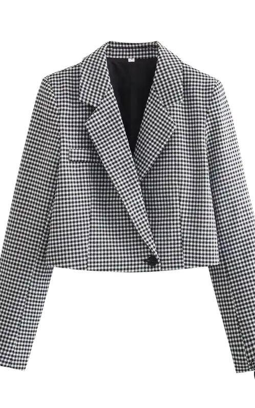 Cropped black and white checkered blazer, a chic French casual blazer for spring and fall