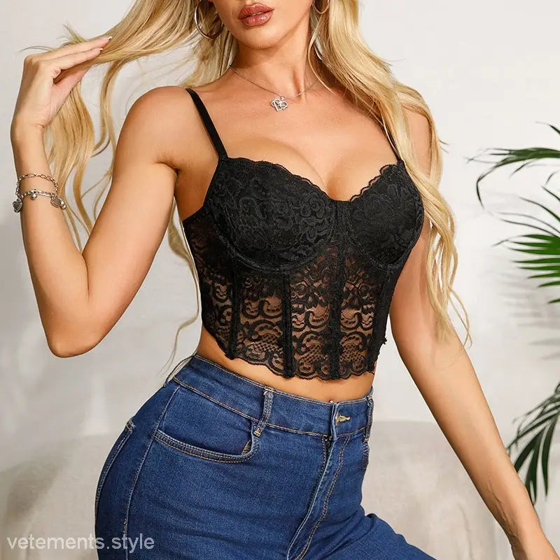 Elegant charm black lace bustier crop top with adjustable spaghetti straps and black ribbon steel