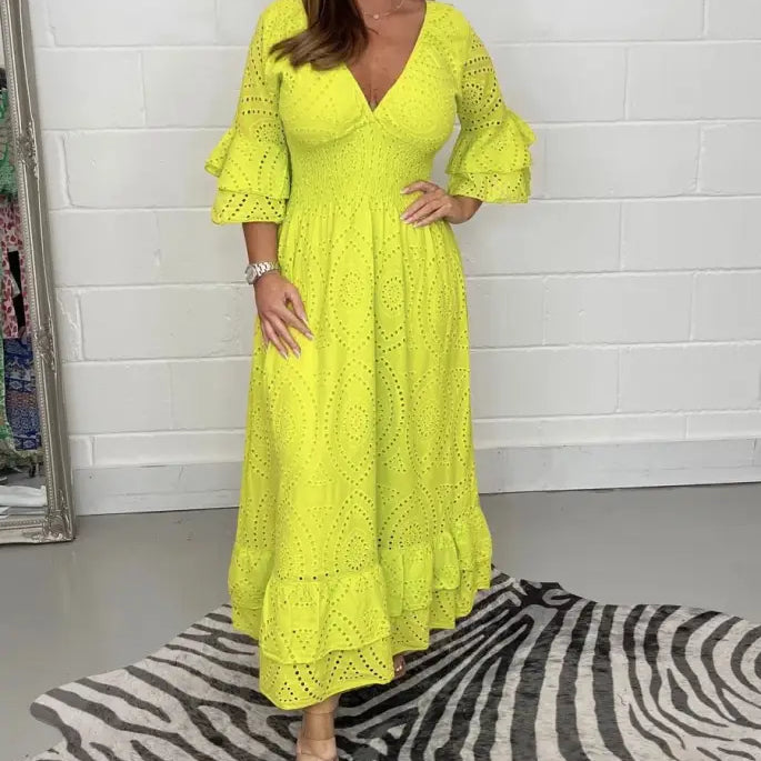 Bright yellow eyelet lace maxi dress, perfect as a chic house party dress or cotton linen dress