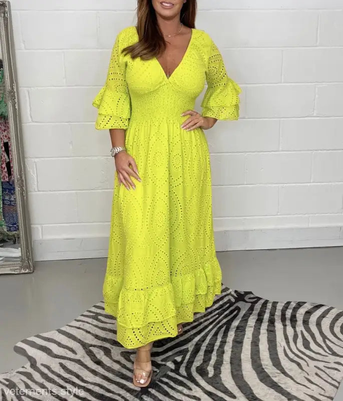 Bright yellow eyelet lace maxi dress, perfect as a chic house party dress or cotton linen dress