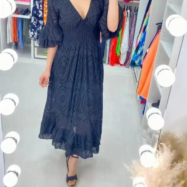 Navy blue lace midi dress with v-neckline, ideal for a house party dress occasion