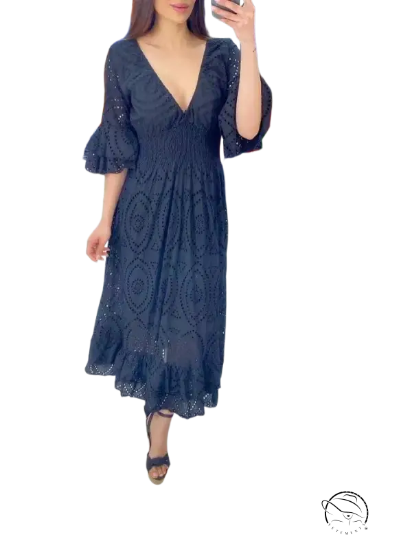Navy blue lace midi cotton linen party dress with v-neck and flutter sleeves