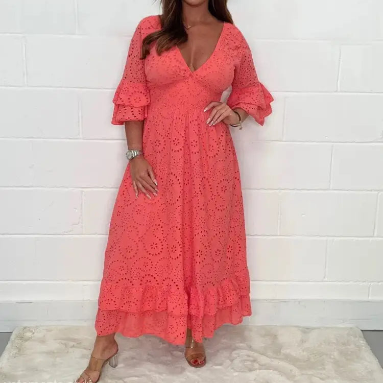 Coral lace maxi dress with bell sleeves, perfect as a House Party Dress or Cotton Linen Dress