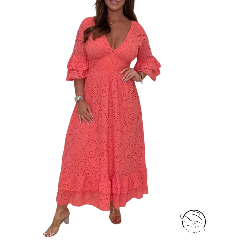 Elegant coral cotton linen party dress with lace embroidery and bell sleeves