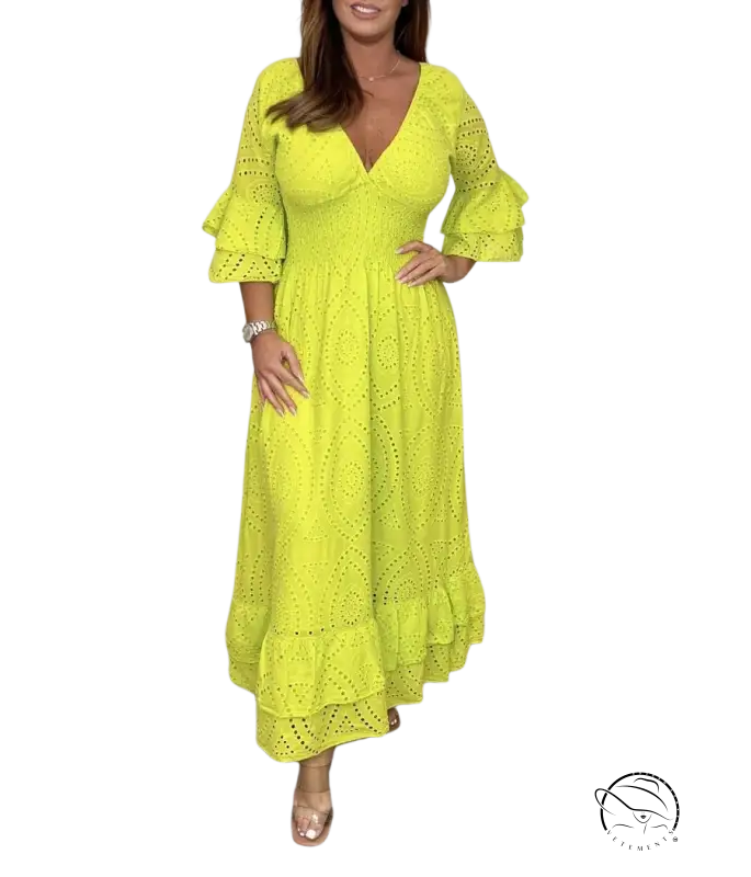 Bright yellow cotton linen party dress with eyelet lace, ruffled trumpet sleeves, tiered hem