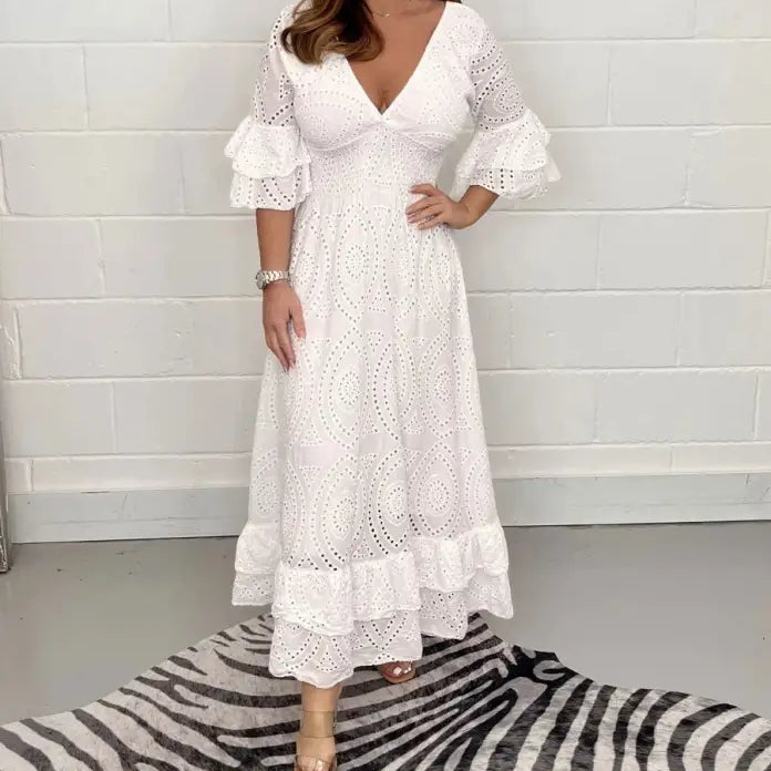 Elegant Cotton Linen Party Dress featuring ruffled sleeves and tiered hem for stylish occasions