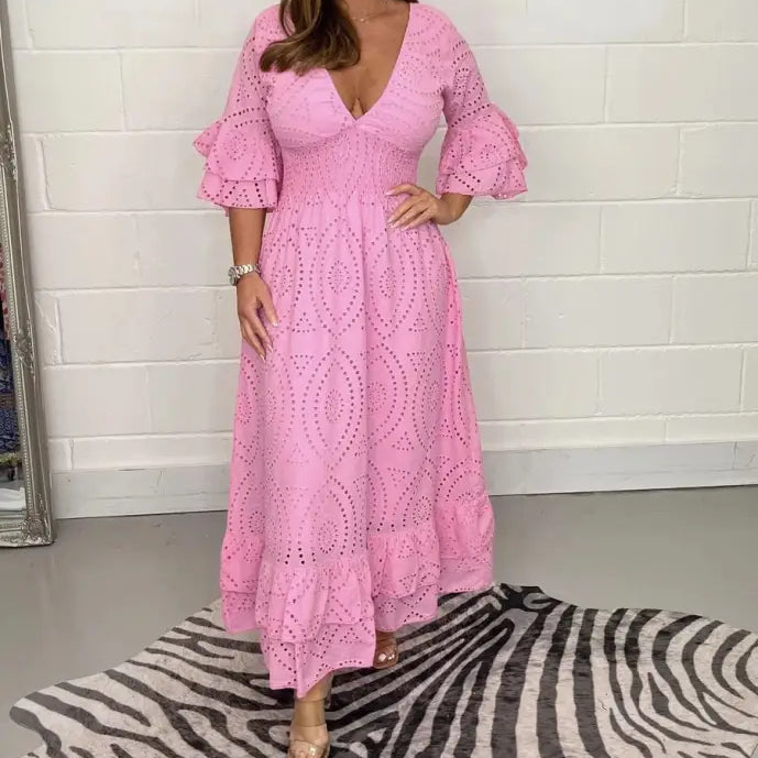 Elegant Pink Eyelet Lace Maxi Dress with Ruffled Bell Sleeves for a House Party Dress