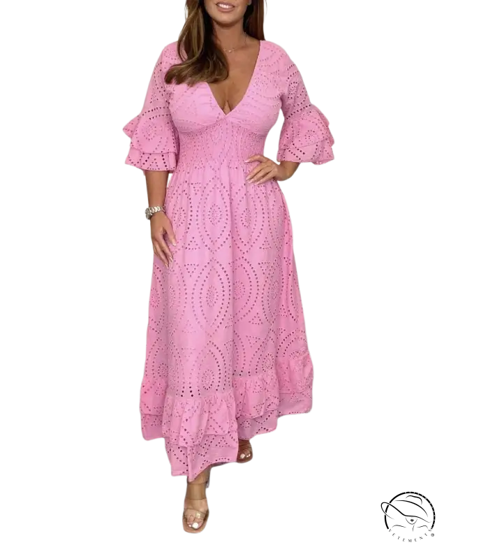 Pink eyelet lace cotton linen party dress with ruffled bell sleeves