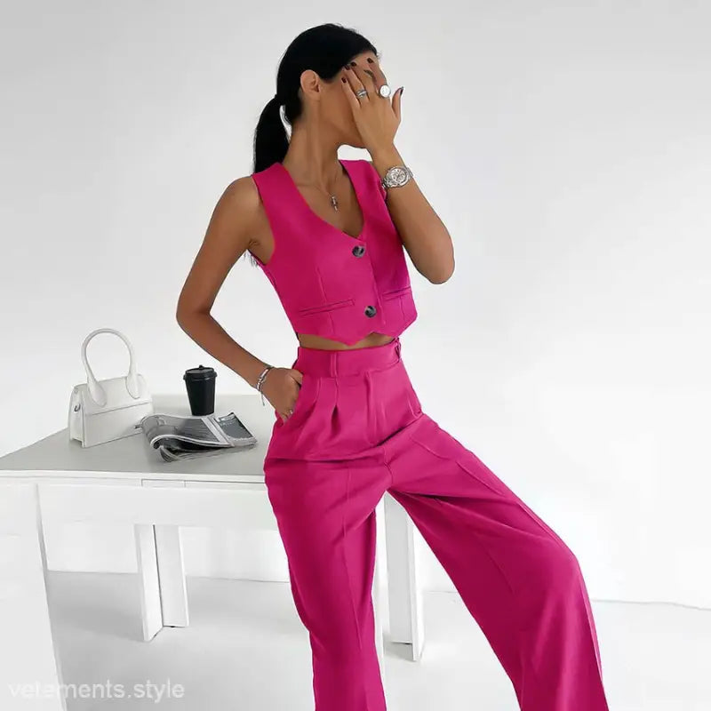 Hot pink cotton linen suit two piece set featuring a slim fit vest and pants