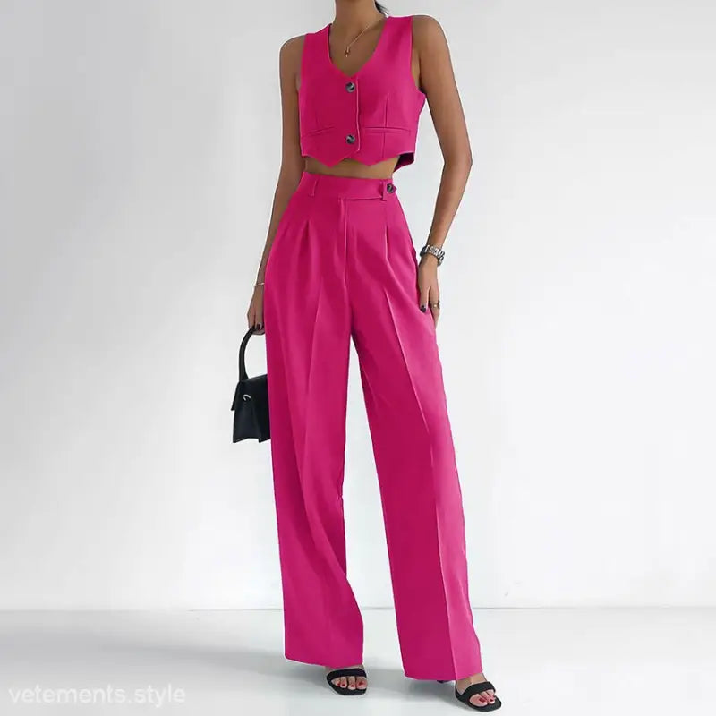 Elegant Cotton Linen Suit Two Piece Set featuring a bright pink slim fit vest and wide-leg pants