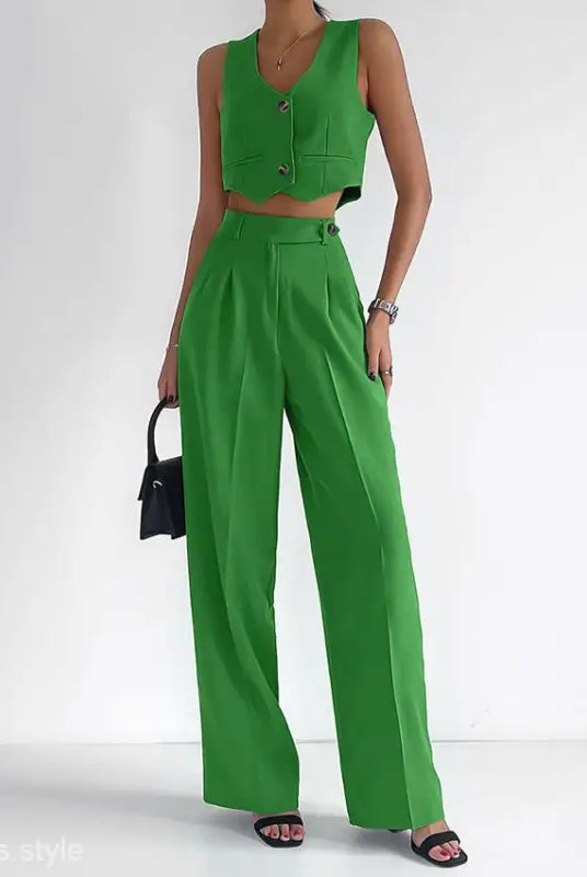 Green cotton linen suit two piece set featuring a stylish slim fit vest