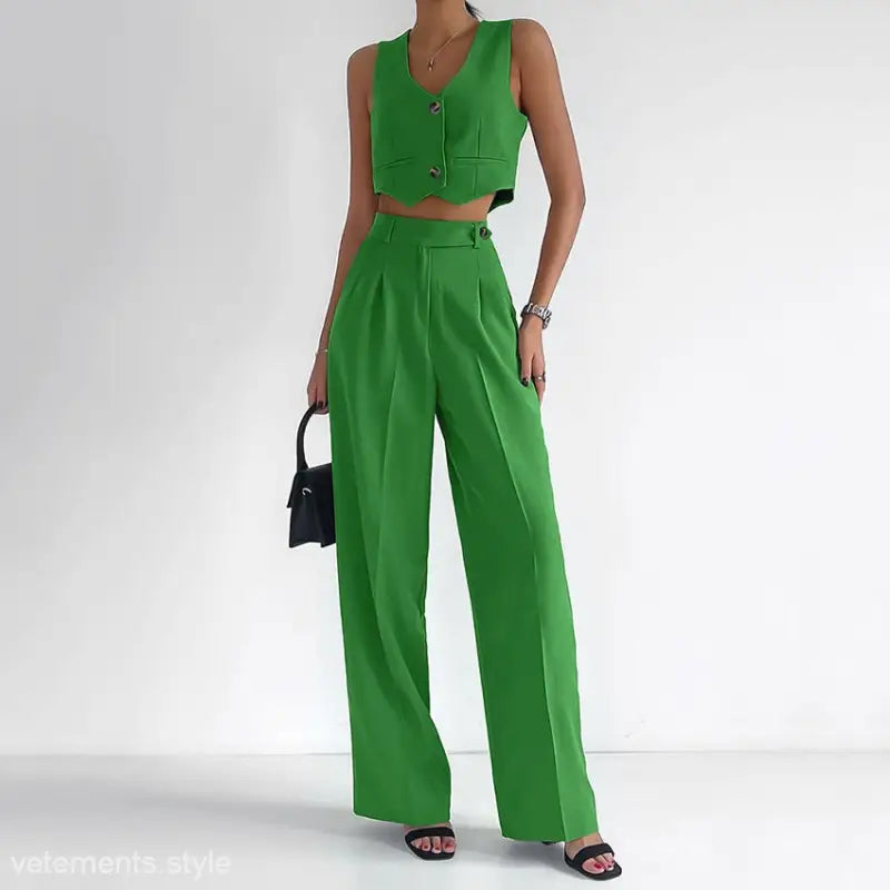 Green two-piece cotton linen suit featuring a stylish slim fit vest for elegant attire
