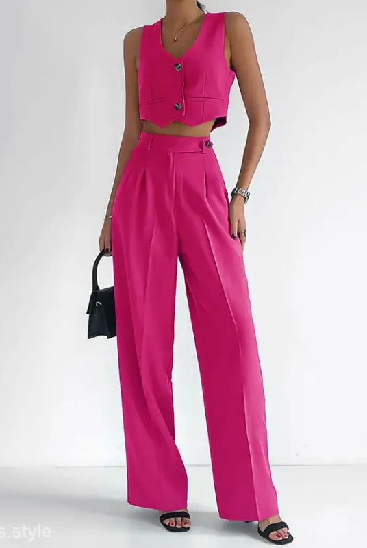 Bright pink Elegant Cotton Linen Suit Two Piece Set featuring a Slim Fit Vest and wide-leg pants