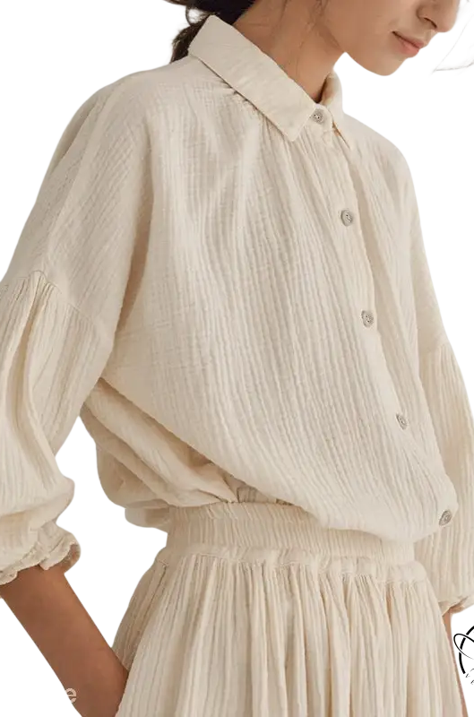 Elegant cream-colored cotton blouse with lantern sleeve niche design and skirt set