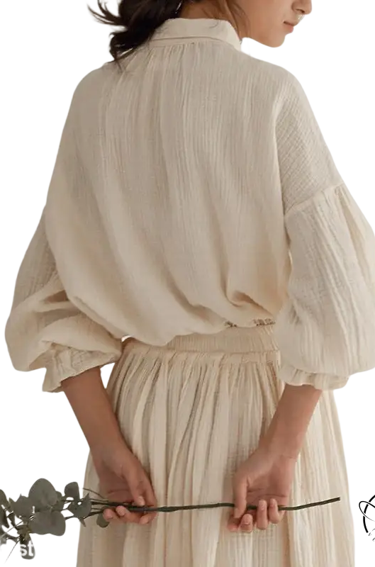 Elegant cotton top with lantern sleeve niche design and creamy textured skirt