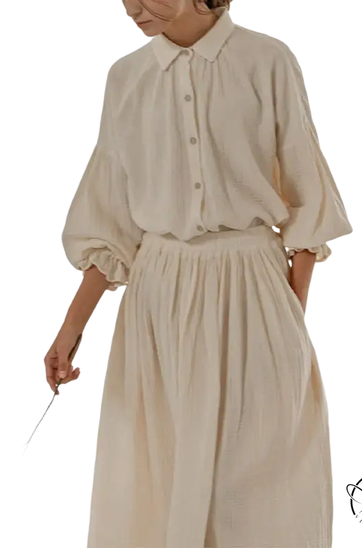 Elegant cream linen blouse and skirt set with lantern sleeve niche design