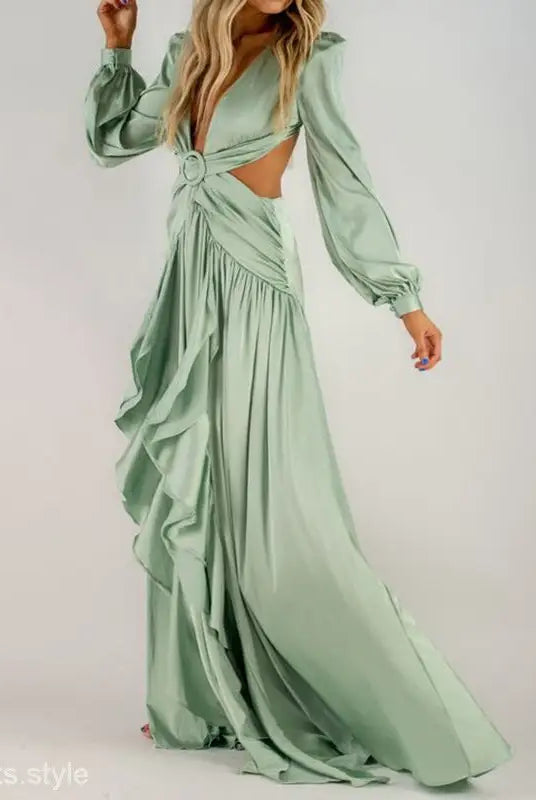 Sage green cut-out maxi dress for red carpet elegance events and summer lace sexy style