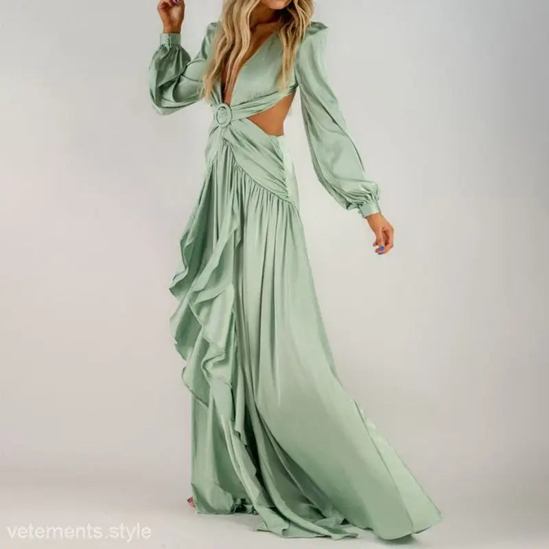 Sage green cut-out maxi dress for red carpet elegance events and summer lace sexy style