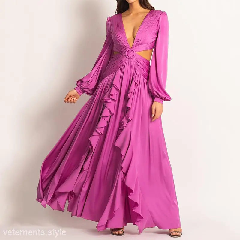 Long-sleeved magenta ruffled dress for summer lace sexy red carpet elegance events