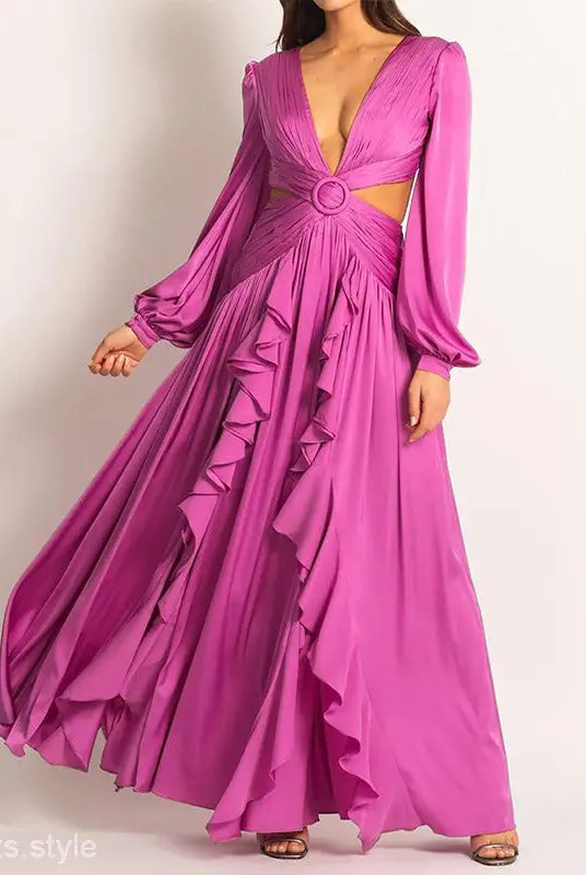 Magenta long-sleeved cutout dress for stunning red carpet elegance at special events