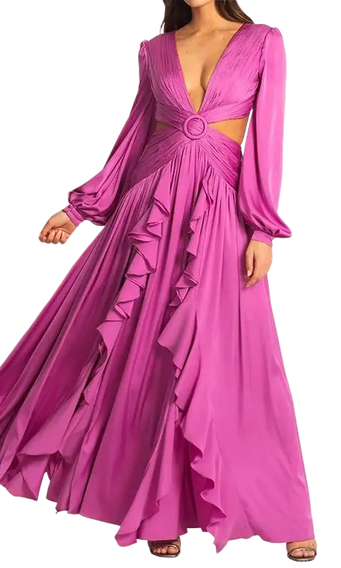 Magenta long-sleeved cutout maxi dress for red carpet elegance