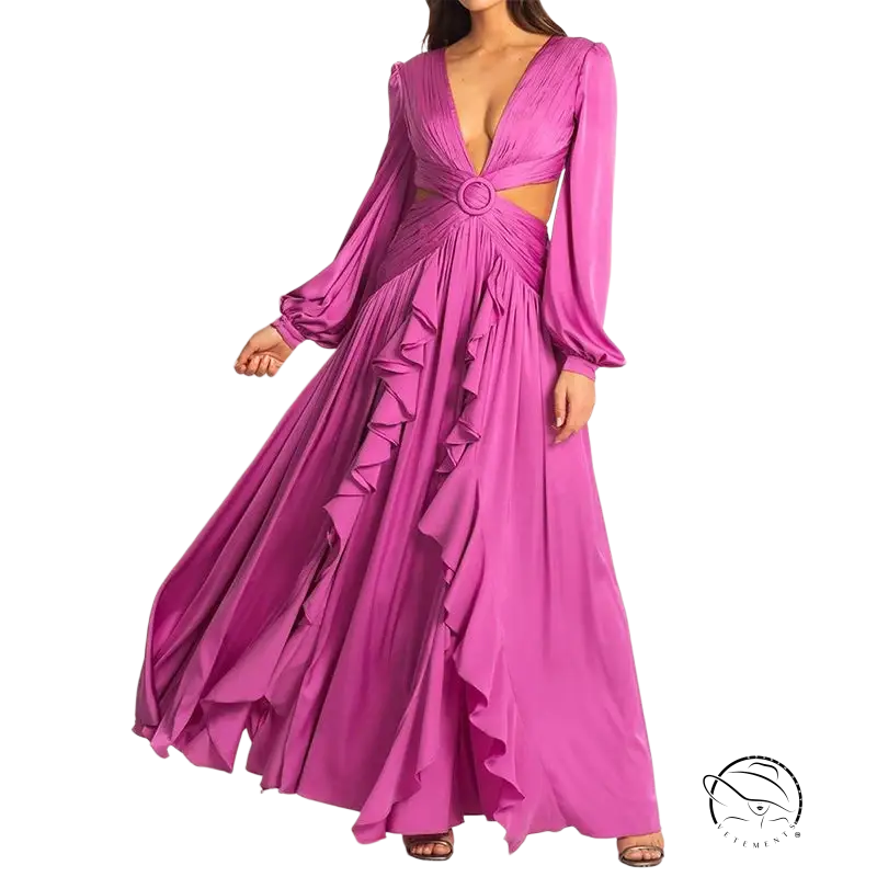 Magenta long-sleeved cutout maxi dress for red carpet elegance