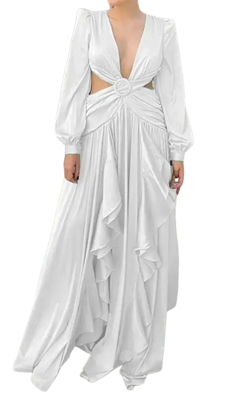 White long-sleeved cut-out maxi dress for red carpet elegance