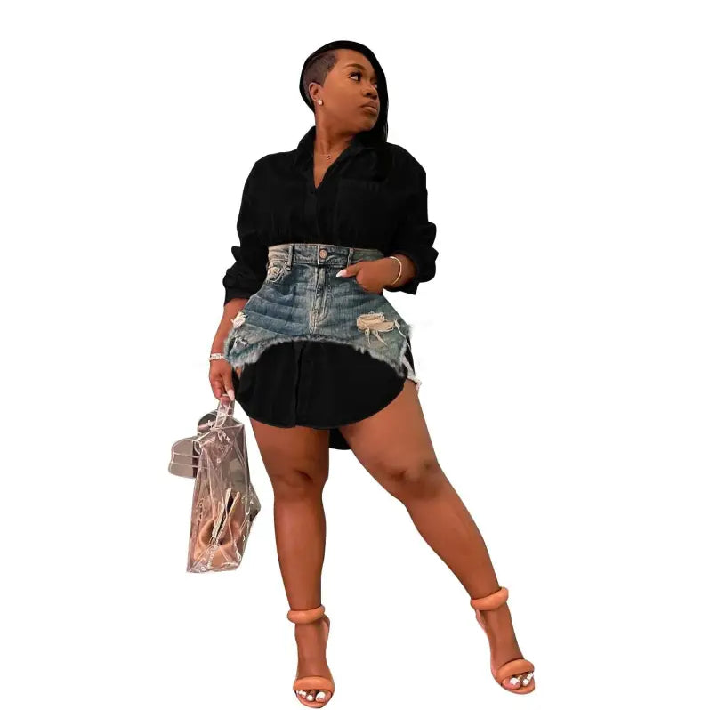 Woman in black shirt dress with denim waist and heels showcasing Elegant Denim Combination Dress for Spring