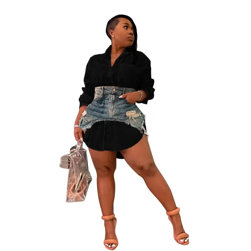 Woman in black shirt dress with denim waist and heels showcasing Elegant Denim Combination Dress for Spring