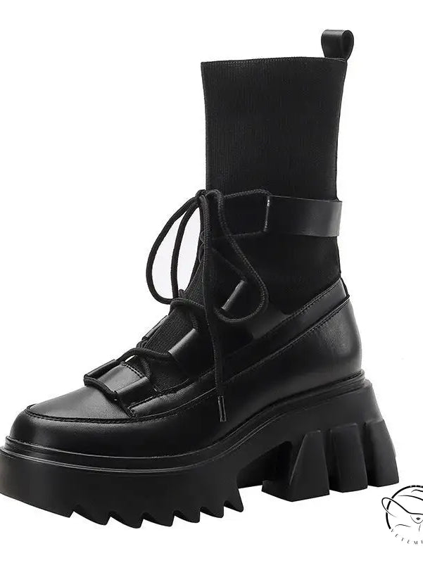Black elegant European boots with chunky waterproof platform sole