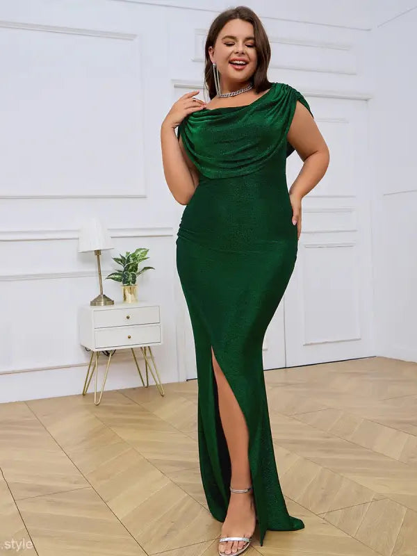 Elegant evening dress in blackish green with draped neckline and side slit, free shipping