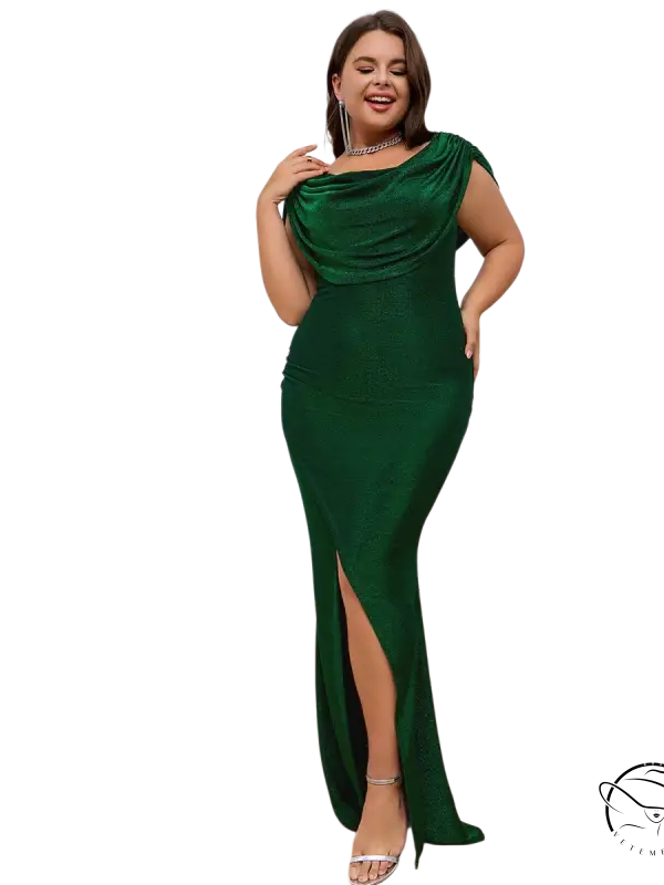 Elegant evening dress in blackish green with draped neckline and side slit, free shipping