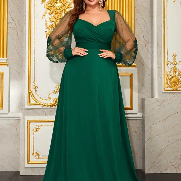 Emerald green maxi dress with sheer puff sleeves, elegant evening dress for formal events
