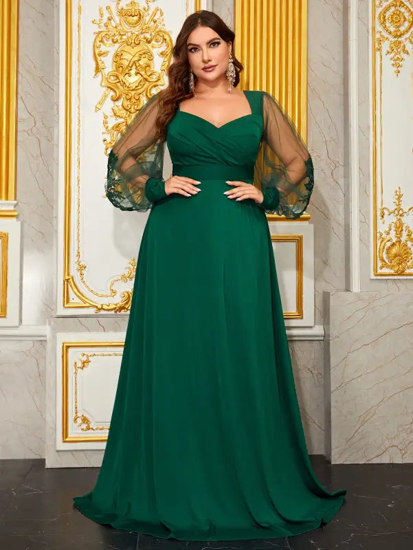 Emerald green maxi dress with sheer puff sleeves, elegant evening dress for formal events
