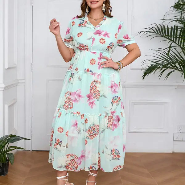 Light green floral print midi dress with short sleeves, perfect for elegant evening occasions