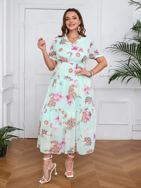 Light green floral print midi dress with short sleeves, perfect for elegant evening occasions