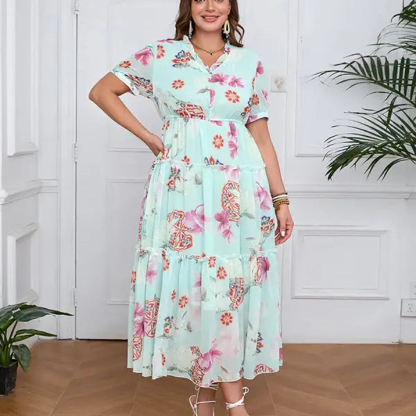 Light green floral print elegant evening maxi dress with ruffles, short sleeves, and collar