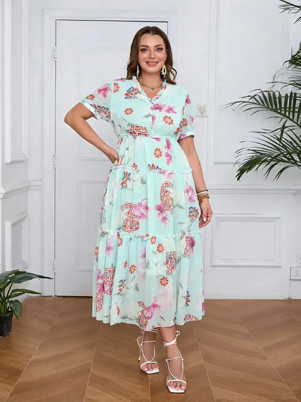 Light green floral print elegant evening maxi dress with ruffles, short sleeves, and collar