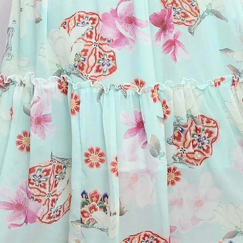 Light blue floral print fabric with ruffled seam for elegant evening maxi dress