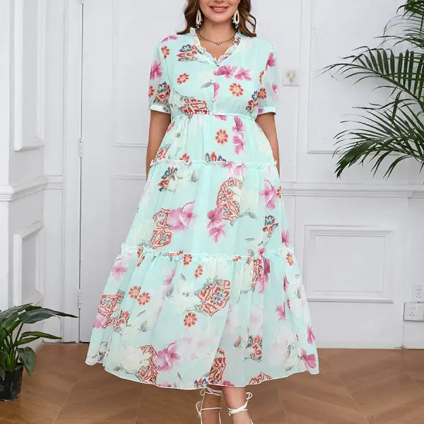 Light blue floral elegant evening maxi dress with short sleeves and tiered skirt
