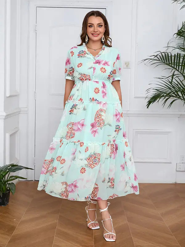 Light blue floral elegant evening maxi dress with short sleeves and tiered skirt