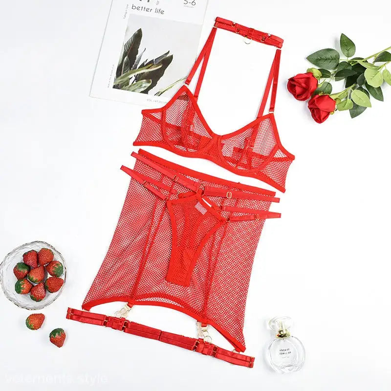 Red mesh lingerie set from Elegant Five Piece Lingerie Set in Lace and Tulle, perfect sexy lingerie five piece